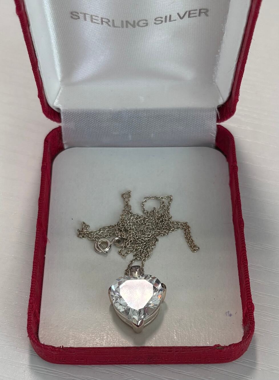 Sterling Silver 925 Chain Clear Glass Heart Pendant Necklace Thailand 18" Box